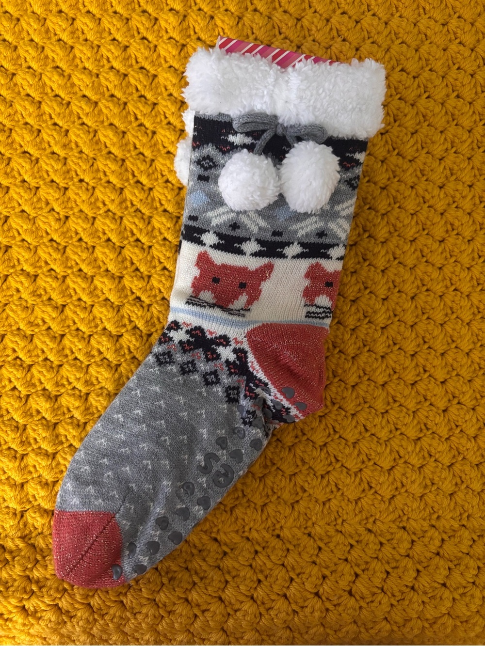 totes Toasties Fuzzy Pom-Pom Slipper Socks in Gray, White, Coral